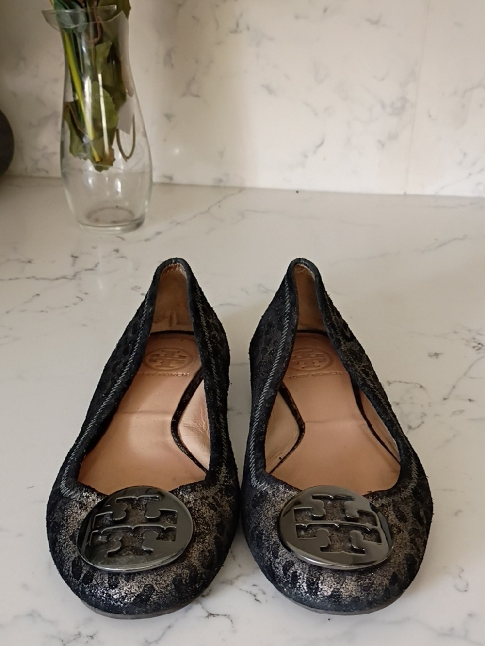Tory Burch Black Metallic Logo Round-Toe Ballet Flats
